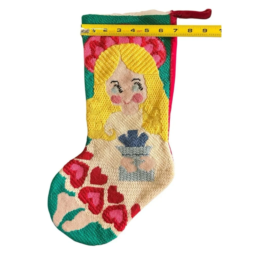 Vintage Hand-Stitched Needlepoint Christmas Tree Stocking 16” Angel